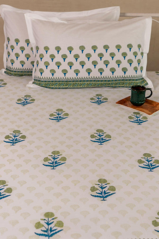 Mint & Mystic Blue Marigold Pure Cotton Bedsheet