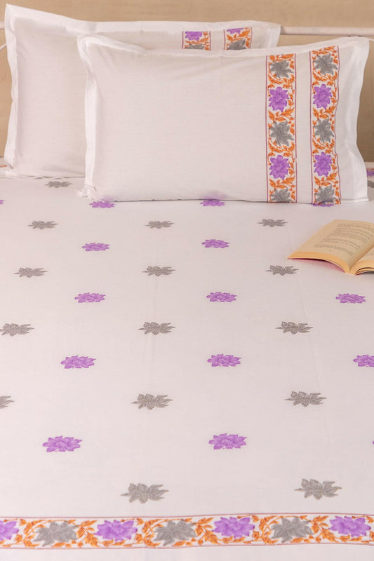 Lilac & Grey Hibiscus Pure Cotton Bedsheet